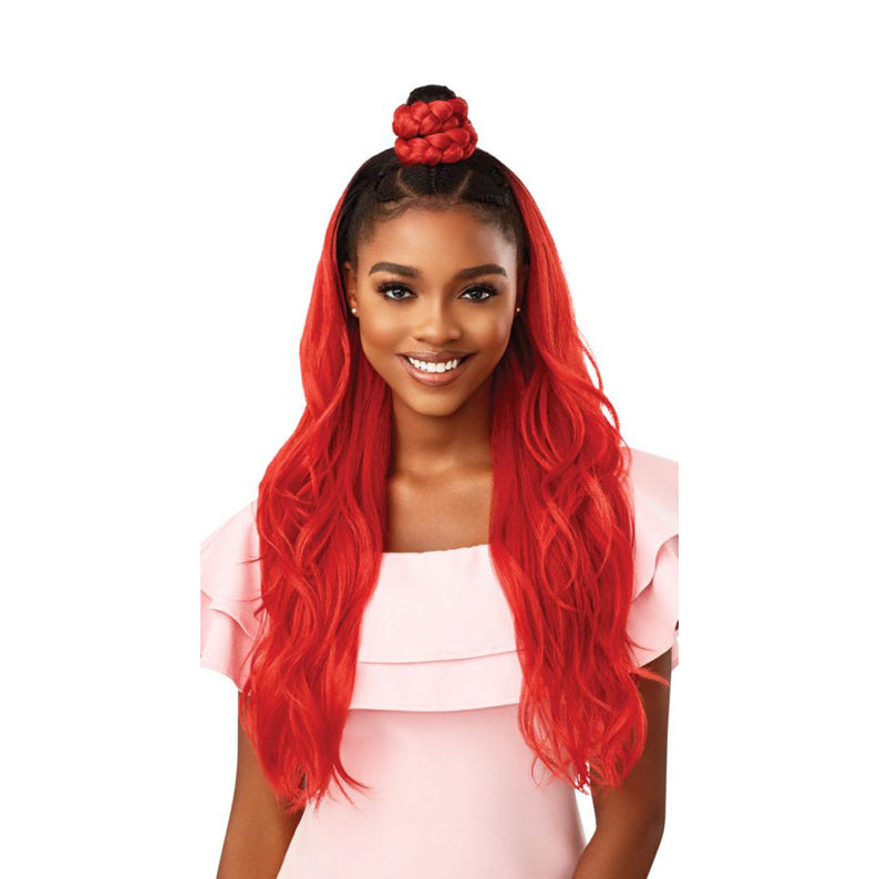 OUTRE synthetic wrap pony half wig long wavy vibrant red hair with braided top knot on model
