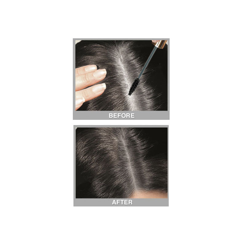 Before and after hair part showing gray hair cover wand concealing gray roots for natural looking coverage