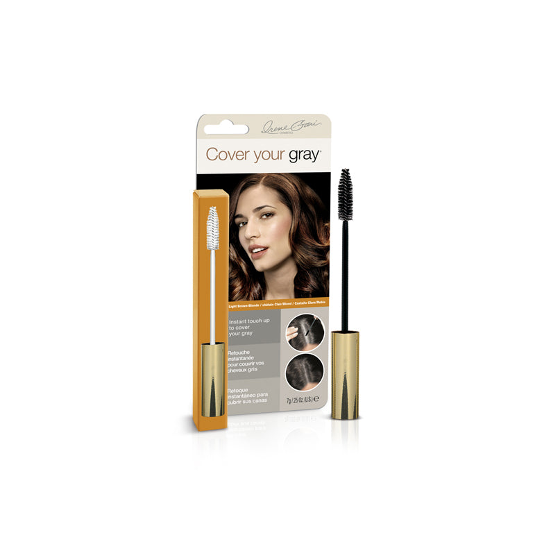 Cover Your Gray gray hair cover wand with spoolie brush and gold cap packaging showing brunette before and after
