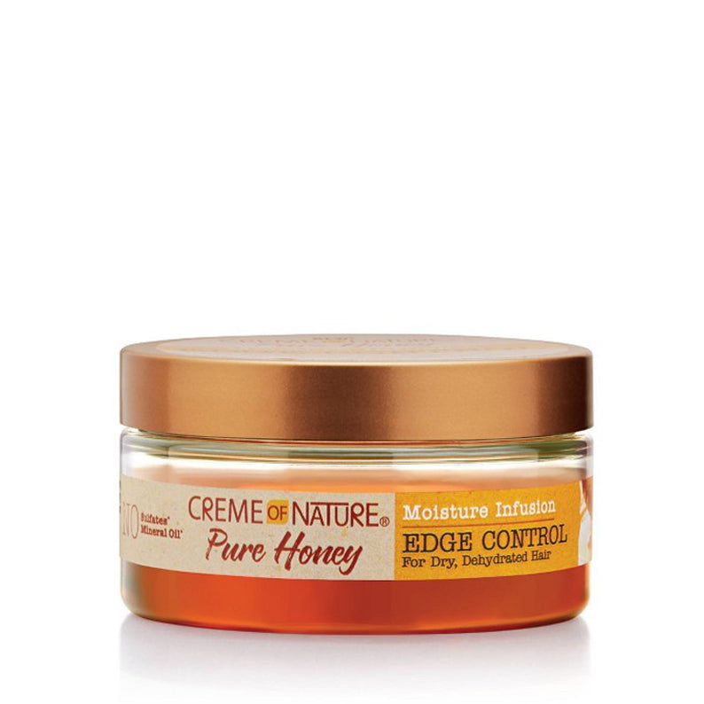 Creme of Nature Pure Honey edge control for natural hair jar with gold lid and moisture infusion label
