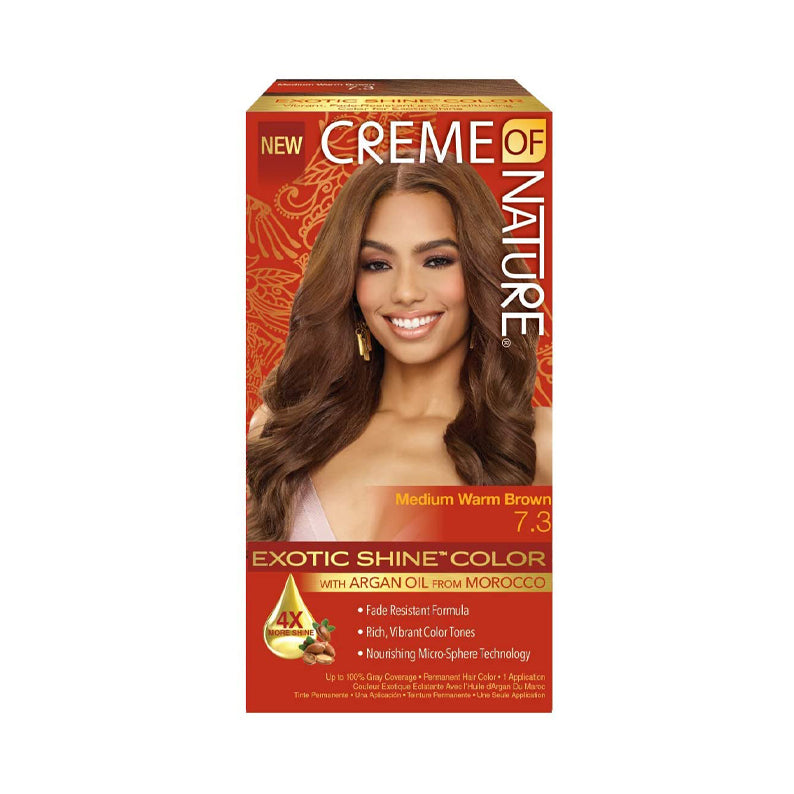 CREME OF NATURE exotic shine hair color kit in medium warm brown 7.3 with argan oil color treatment