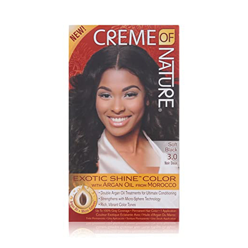 CREME OF NATURE exotic shine hair color kit in Soft Black 3.0 with argan oil for vibrant color and conditioning