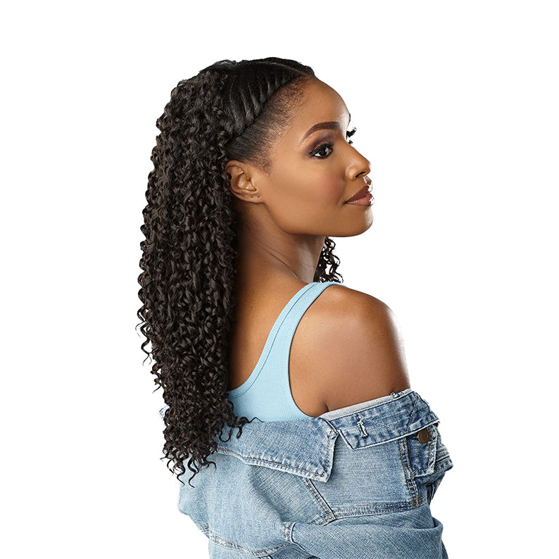 SENSATIONNEL textured clip in hair extensions worn by woman with curly hair and denim jacket