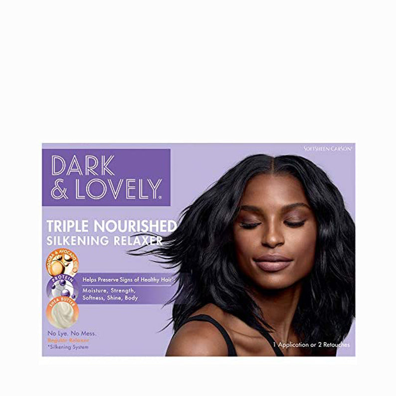 Dark & Lovely triple nourished silkening relaxer kit for black hair with moisturizing and strengthening formula