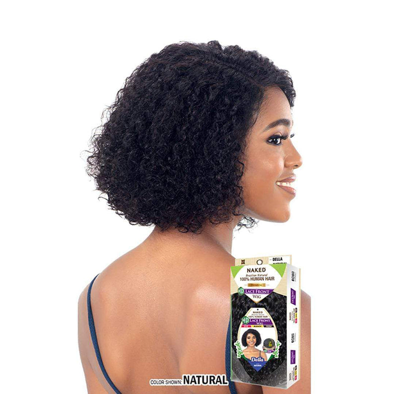 SHAKE N GO Brazilian human hair HD lace front wig short curly natural bob on model with product box