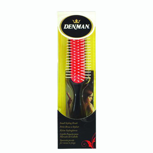 Denman small styling brush in retail pack showing black handle red cushion and white nylon bristles