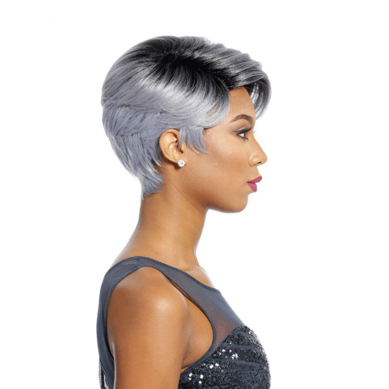 SENSATIONNEL silver gray pixie style synthetic short wig for women on model in sequined dress side profile