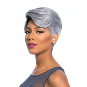 SENSATIONNEL synthetic short wig for women silver gray pixie cut with side swept fringe and natural sheen