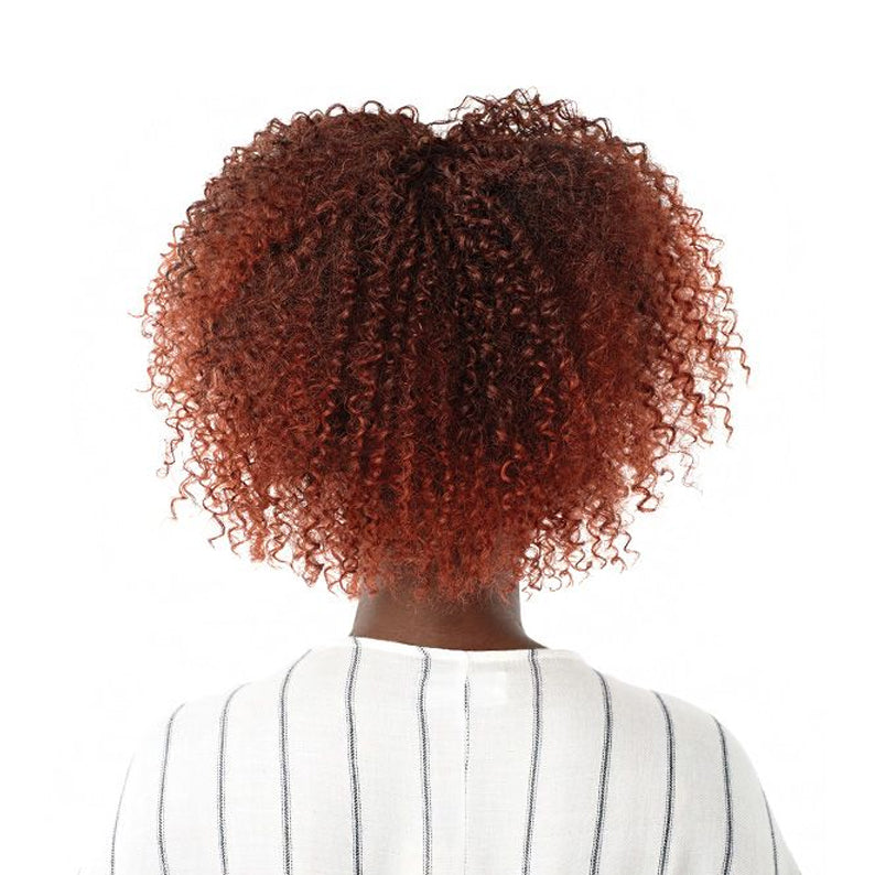 OUTRE drawstring ponytail for natural hair in tight curly reddish brown style worn by a woman