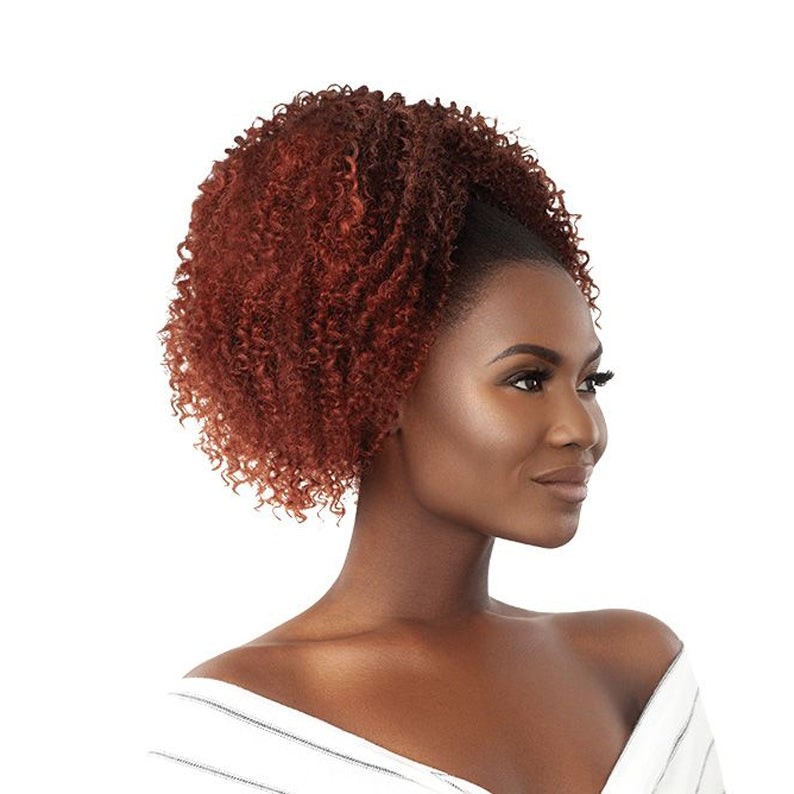 Outre drawstring ponytail for natural hair with voluminous curly texture in auburn color