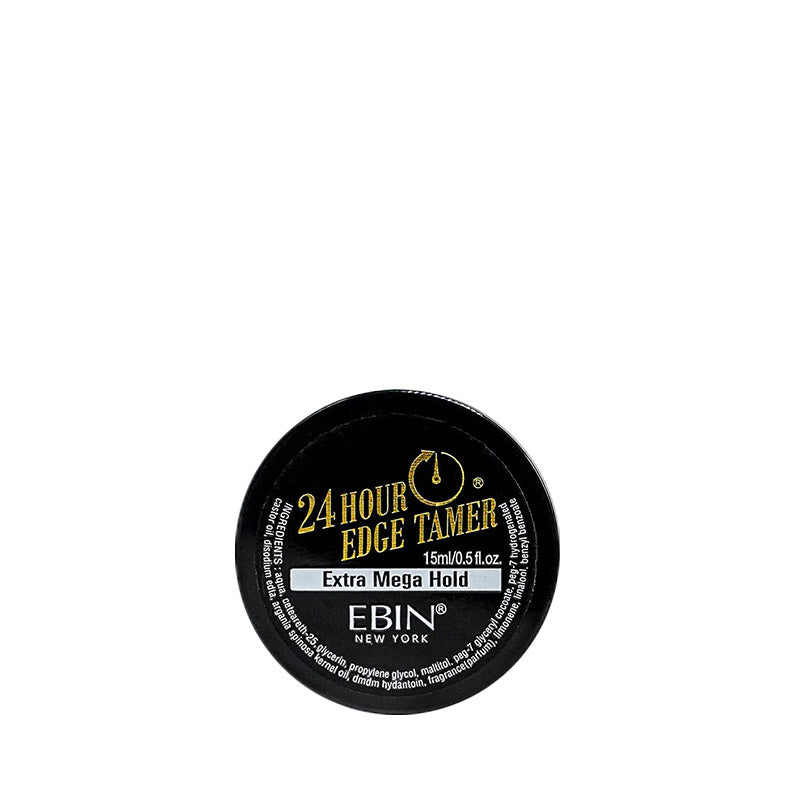 EBIN 24 hour edge control gel Extra Mega Hold in a black 15ml jar for hair care