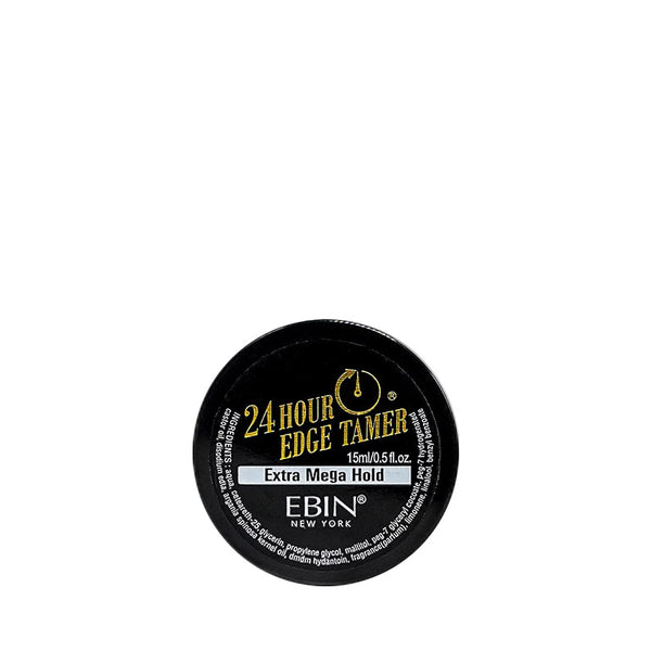 EBIN 24 hour edge control gel Extra Mega Hold in a black 15ml jar for hair care