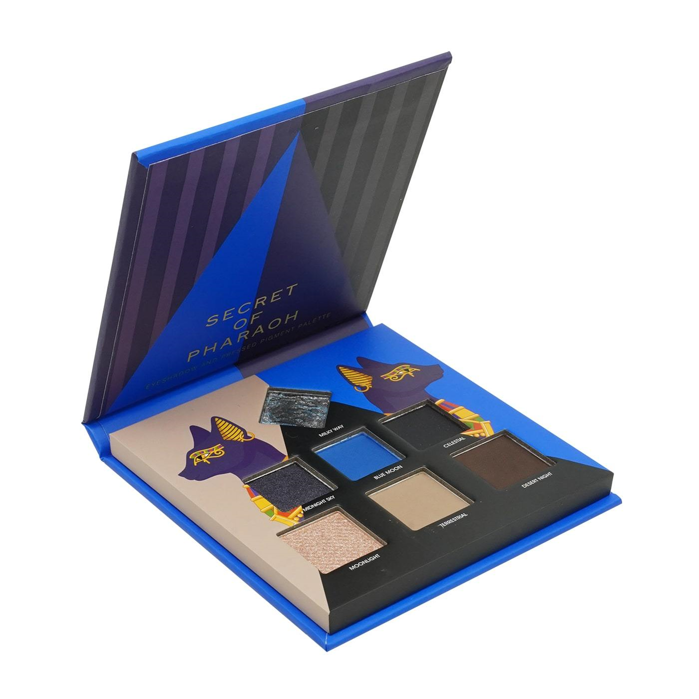 EBIN Secret of Pharaoh pharaoh eyeshadow palette open with blue black brown and metallic shimmer shades