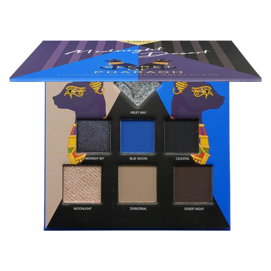 EBIN pharaoh eyeshadow palette open showing six shimmery and matte shades in blue brown and gold tones