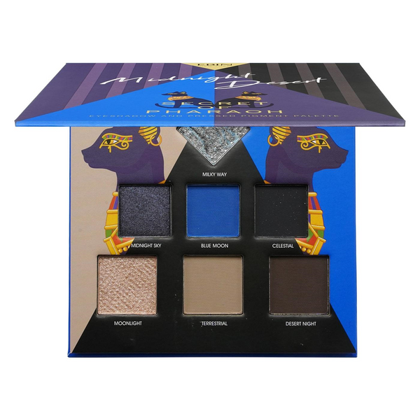 EBIN pharaoh eyeshadow palette open showing six shimmery and matte shades in blue brown and gold tones