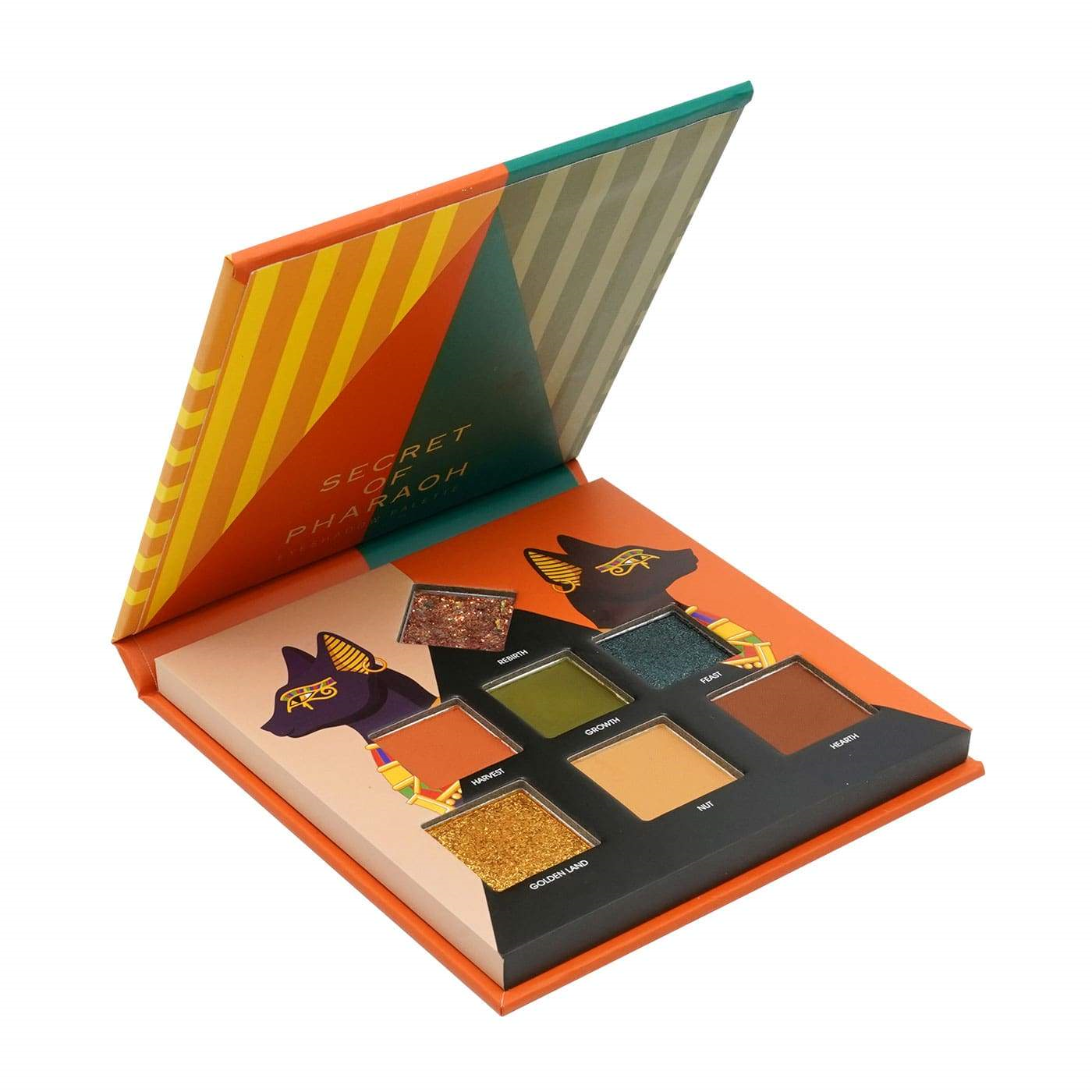 EBIN pharaoh inspired eyeshadow palette open showing warm matte and shimmer shades with illustrated packaging