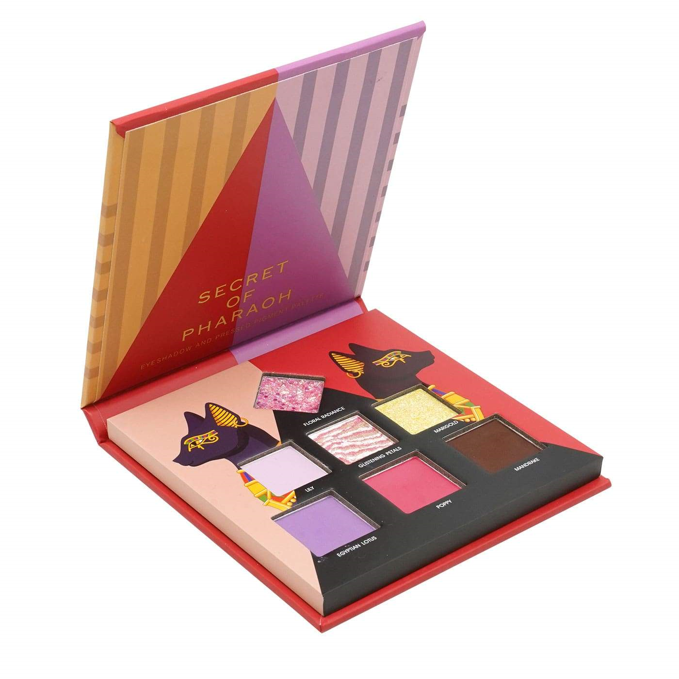EBIN open pharaoh inspired eyeshadow palette with gold shimmer pink purple and brown mattes