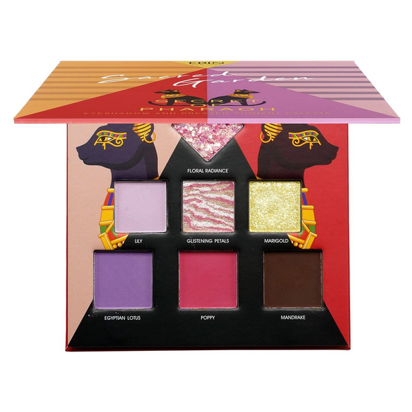 EBIN pharaoh inspired eyeshadow palette open displaying six shades including lavender purple pink gold glitter and brown