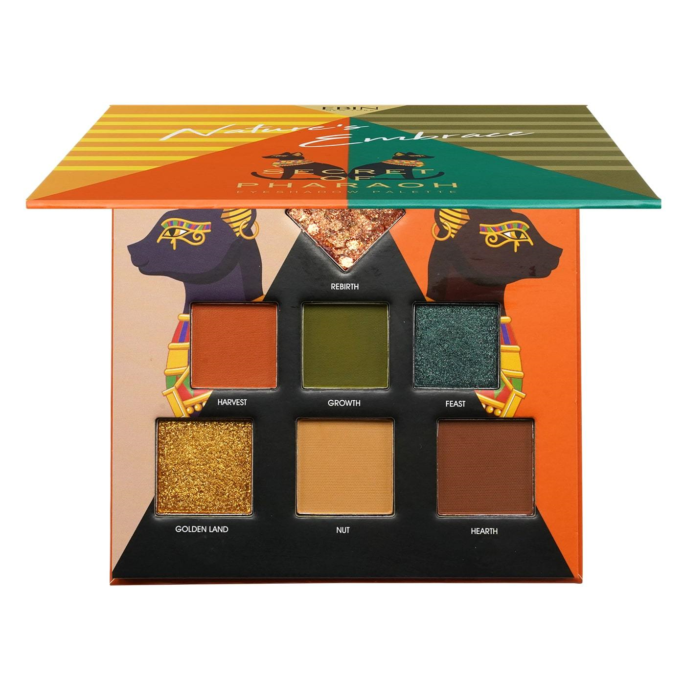 EBIN pharaoh inspired eyeshadow palette with six jewel and matte shades in gold orange green brown tones