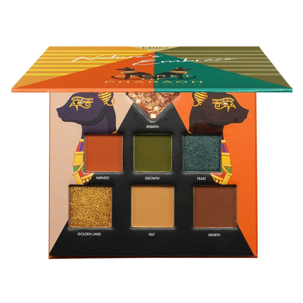EBIN pharaoh inspired eyeshadow palette with six jewel and matte shades in gold orange green brown tones