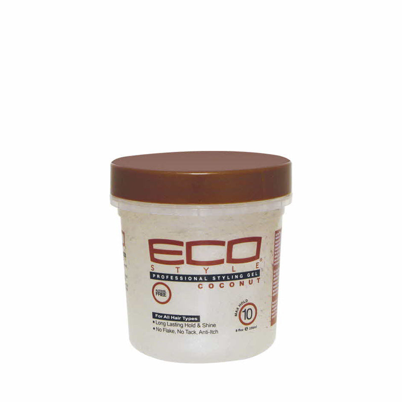 ECO STYLE coconut styling gel for natural hair in clear tub with brown lid offering strong hold and shine
