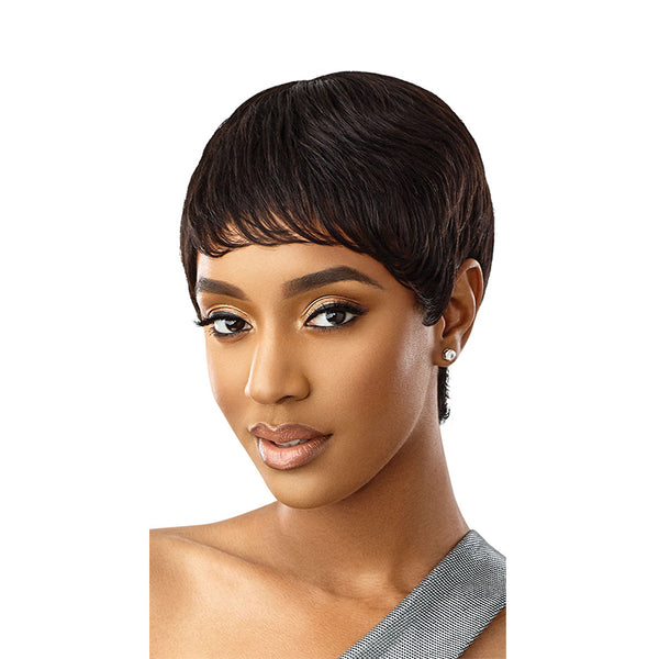 OUTRE short pixie 100% human hair full cap wig in dark brown on model with side swept bangs