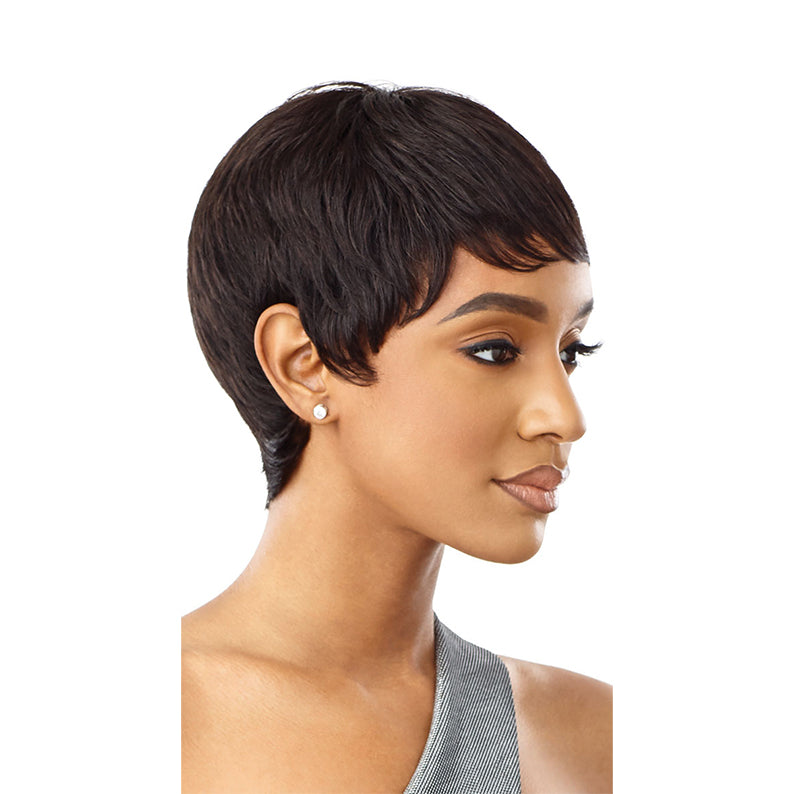 OUTRE short dark brown pixie style 100% human hair full cap wig on model with tapered nape