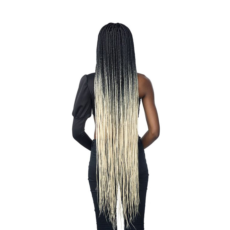 SENSATIONNEL 50 inch box braid lace wig long black to blonde ombre braids back view on model
