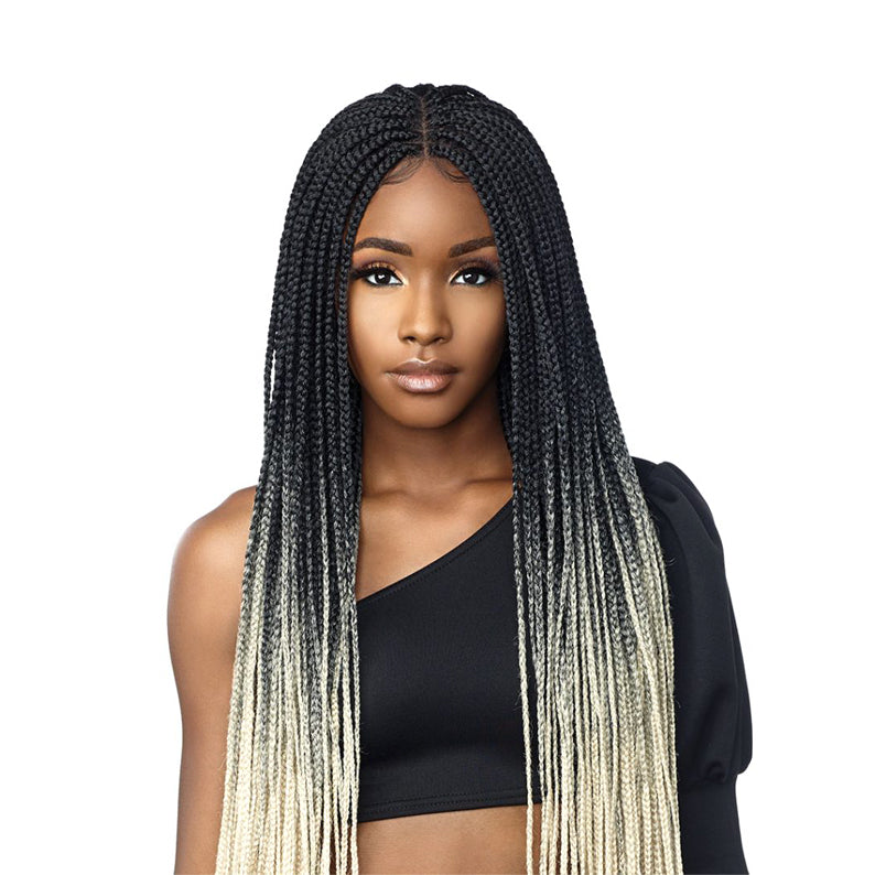 SENSATIONNEL 50 inch box braid lace wig ombre black to blonde long center part natural hairline