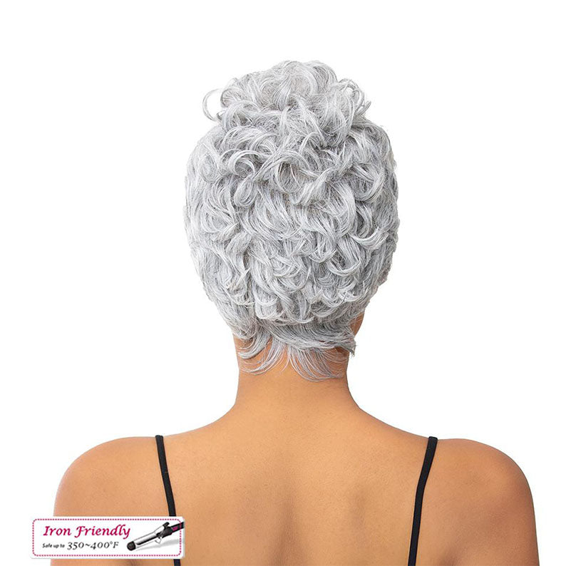 Back view of short curly silver wig on model showing textured curls and nape detail premium synthetic wig