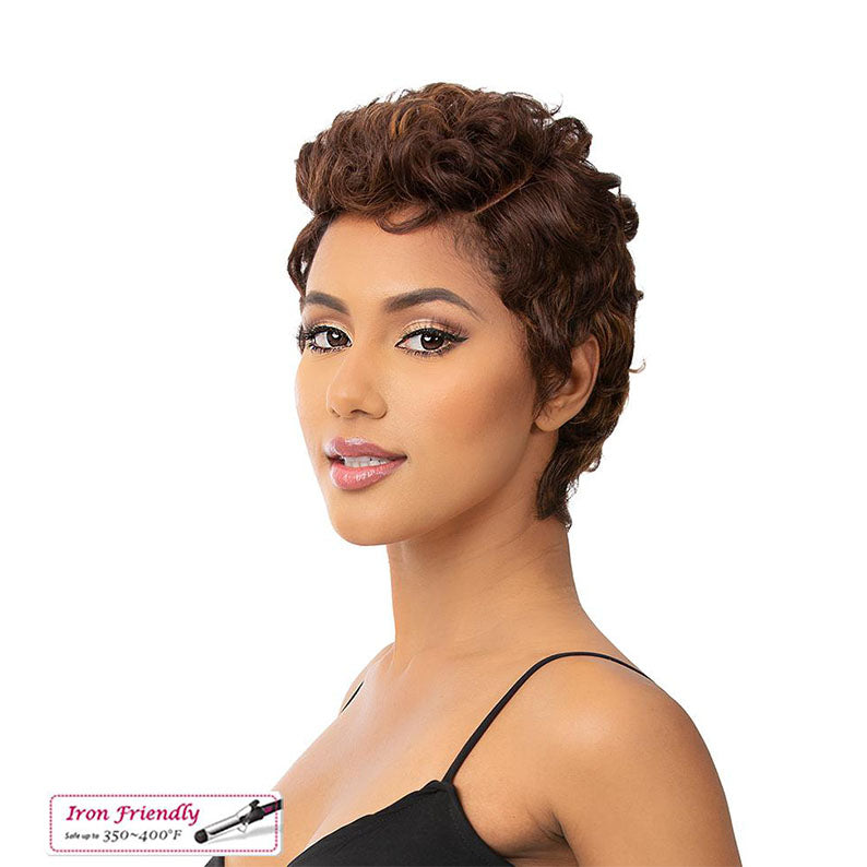 ITS A WIG premium synthetic wig short curly brown pixie on model side profile with iron friendly tag