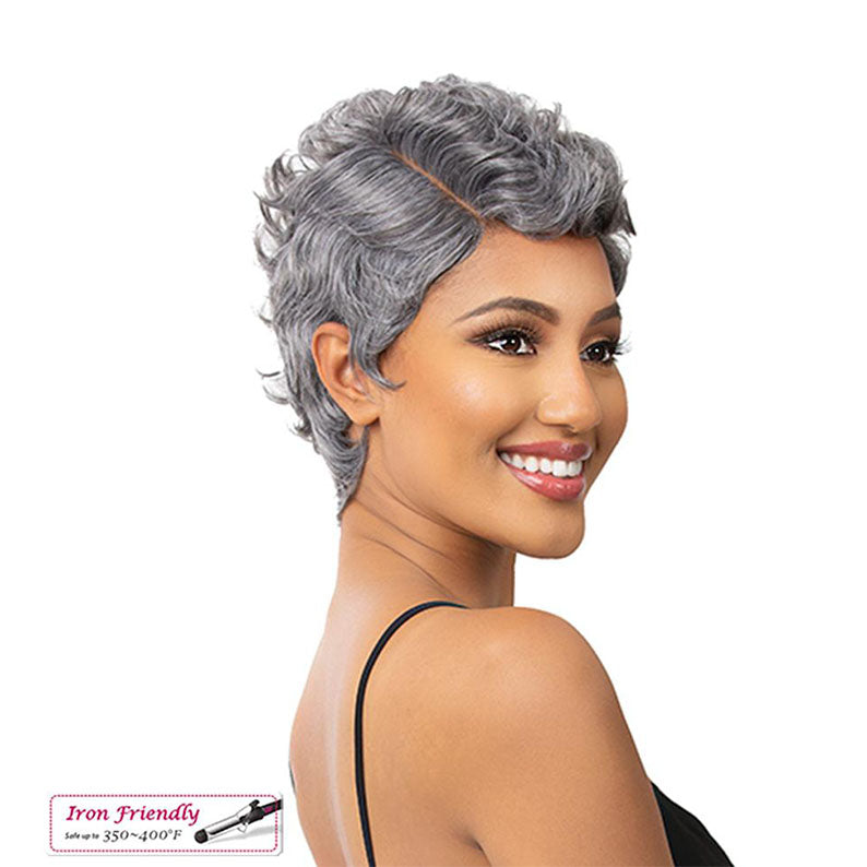 ITS A WIG premium synthetic wig short silver gray pixie with side part lace front on smiling model
