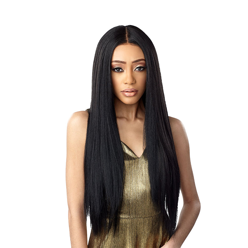 SENSATIONNEL HD ear-to-ear lace wig long straight natural black center part on model