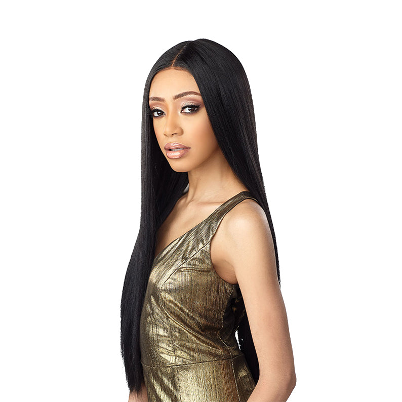SENSATIONNEL straight black HD ear-to-ear lace wig on model with center part and sleek long hair