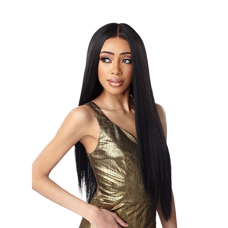 SENSATIONNEL long straight black wig with center part and natural hairline HD ear-to-ear lace wig for sleek looks