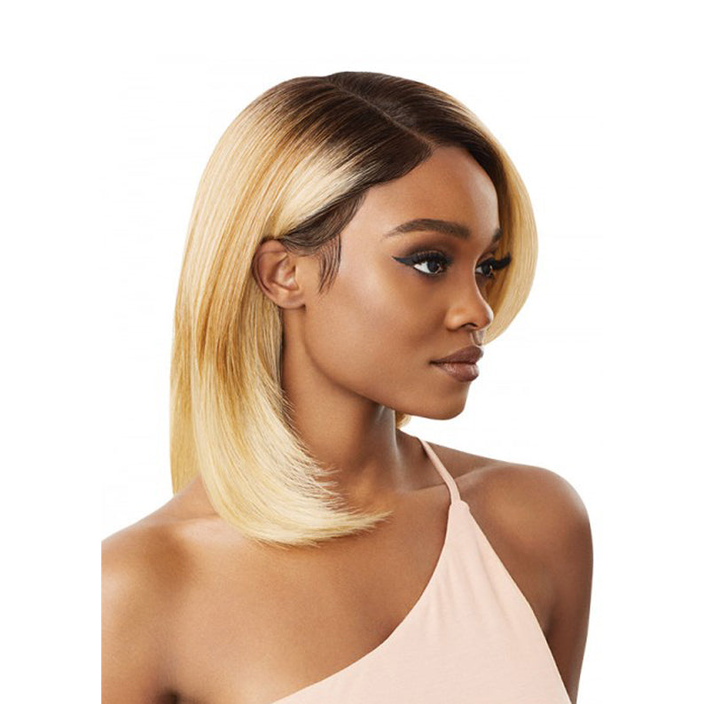 OUTRE shoulder length blonde bob with dark roots and side part melted hairline synthetic lace front wig