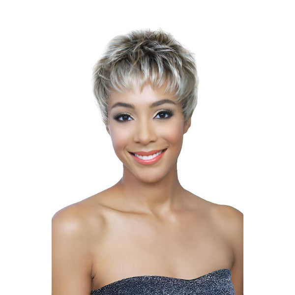 BOBBI BOSS short blonde pixie wig on smiling model textured layered crop with fringe and natural highlights