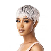 OUTRE synthetic short white wig pixie cut with textured bangs on model for trendy everyday wear