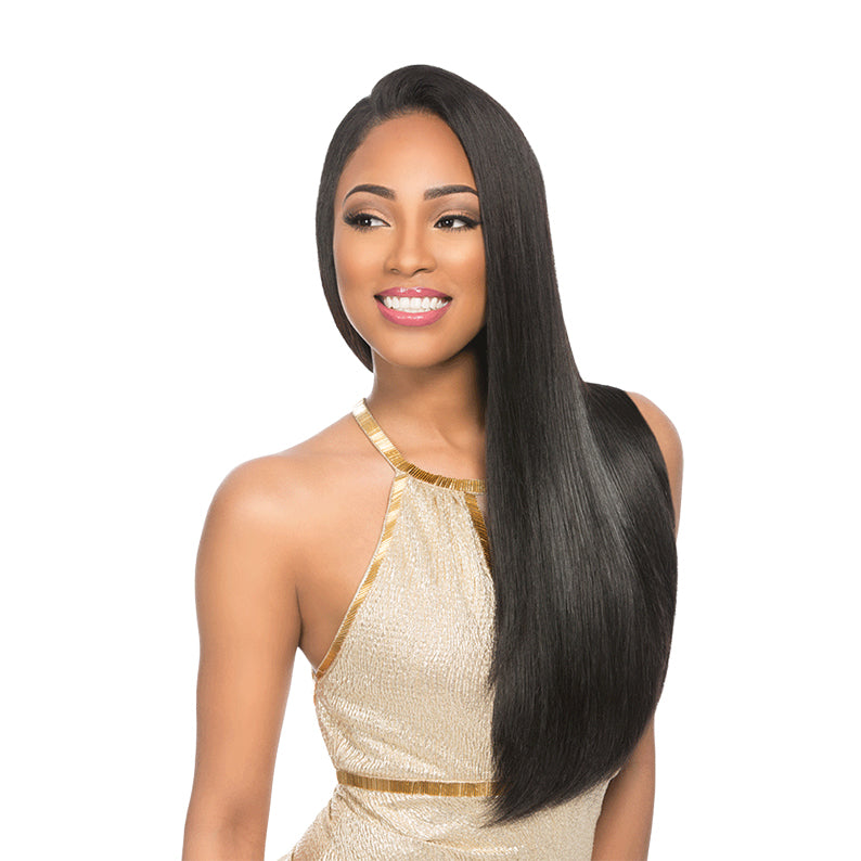 SENSATIONNEL sleek straight black 100 human hair lace closure on smiling model in gold dress