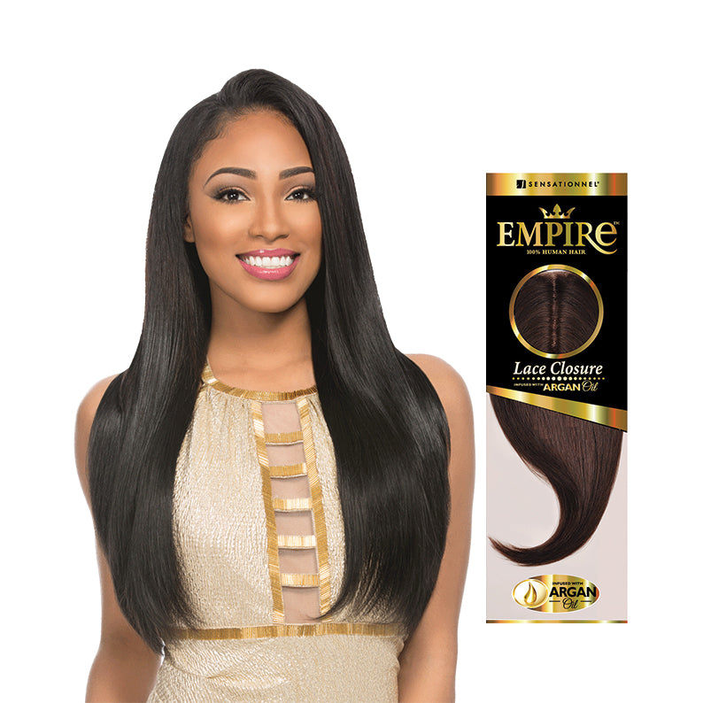 SENSATIONNEL Empire long straight black hair worn by smiling model with 100 human hair lace closure box