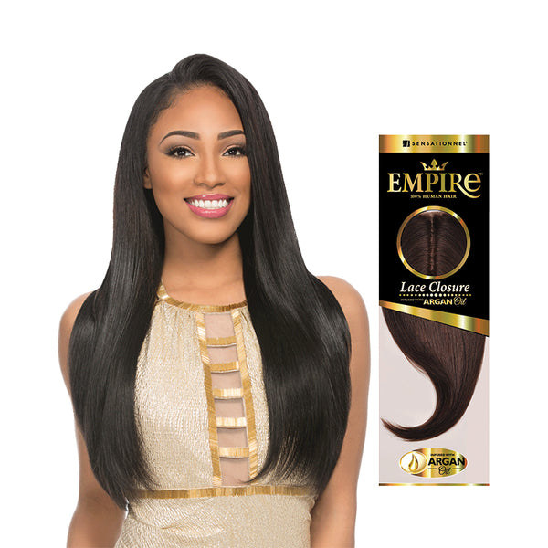 SENSATIONNEL Empire long straight black hair worn by smiling model with 100 human hair lace closure box