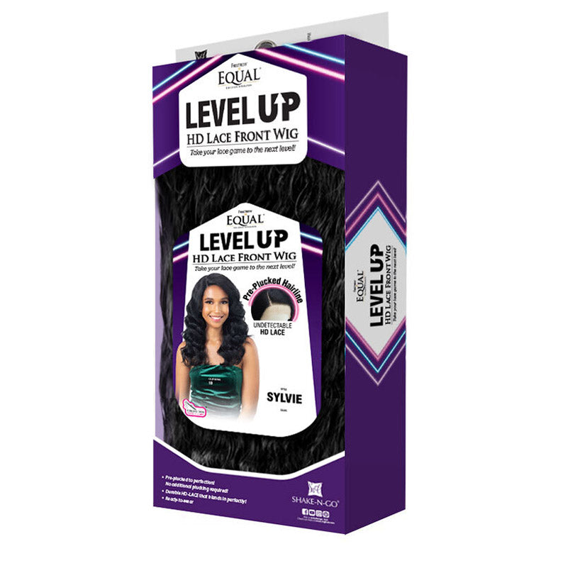 Freetress Equal Sylvie HD lace front wig. SHAKE N GO packaged purple box showing black wavy wig and model photo