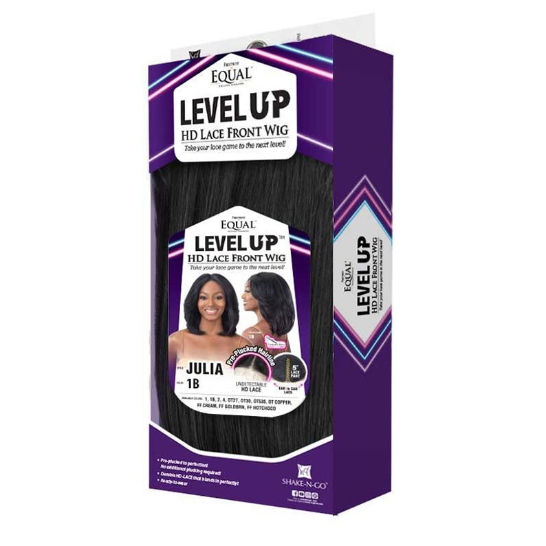 SHAKE N GO Level Up HD lace front wig Julia in 1B black straight synthetic displayed in purple box packaging