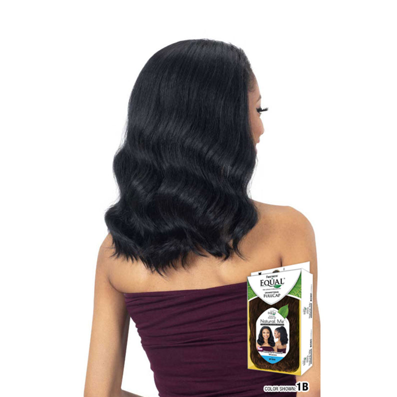 SHAKE N GO natural pressed waves half wig 1B black shoulder length wavy style on model back view with packaging box