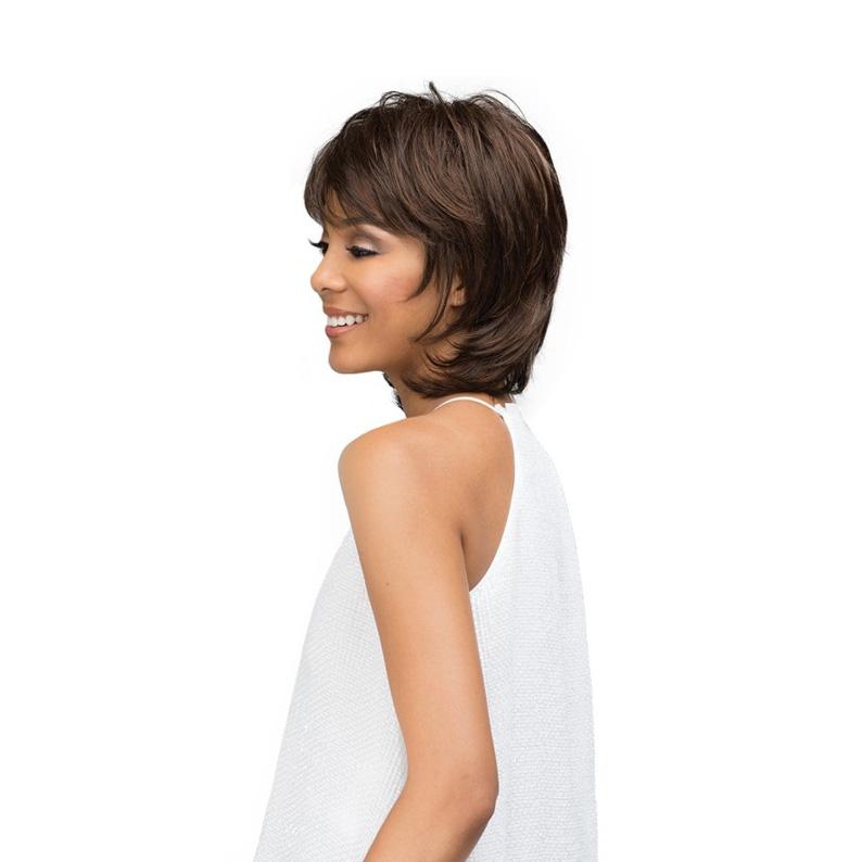 BOBBI BOSS Escara full cap wig B110 short layered chestnut brown wig with side bangs on smiling model