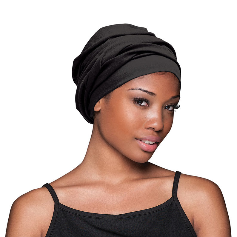 FIRSTLINE black wrap scarf for hair styled as a layered turban on model for sleep and styling