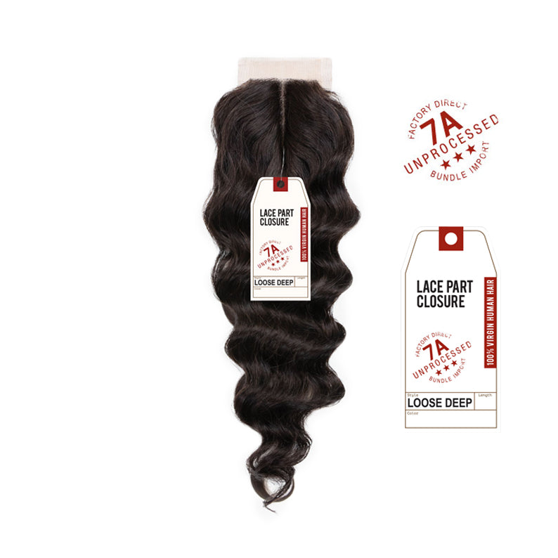 SENSATIONNEL Loose Deep wavy lace part hair piece showcasing 7A virgin Remi lace closure in natural dark brown