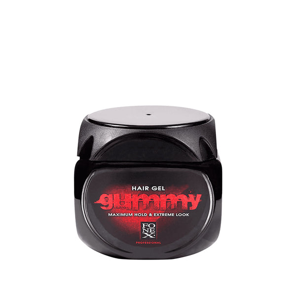 GUMMY maximum hold hair gel in black container for strong hold and extreme look