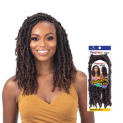 SHAKE N GO 12 inch butterfly locs braid shown on model with shoulder length curly locs hairstyle