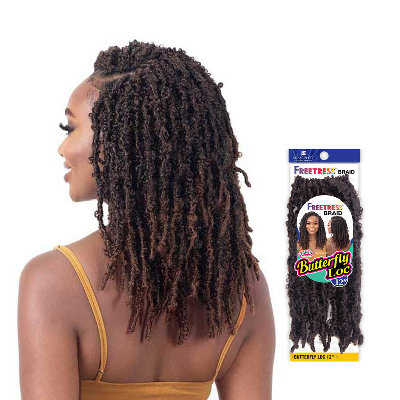SHAKE N GO 12 inch butterfly locs braid on model showing textured curly hairstyle